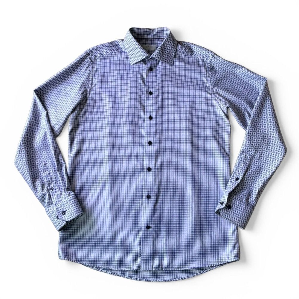 Eton Contemporary Fit Blue Micro Houndstooth Check Dress Shirt Mens 41/16 Cotton